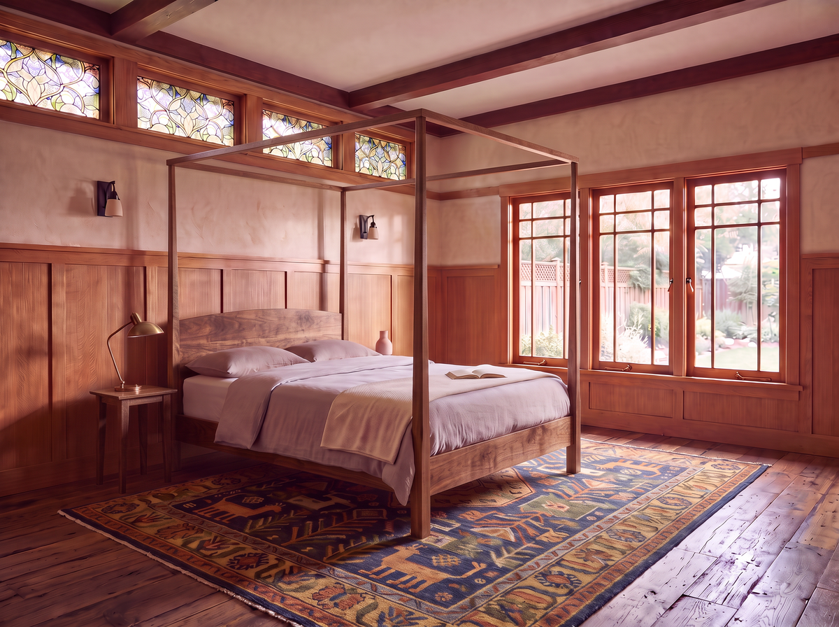 A Solid Walnut Pencil Post Canopy Bed from the Shaker Collection by TY Fine Furniture sits on a patterned rug in a sunlit room with wood-paneled walls, large windows, stained glass panels, and a bedside lamp.