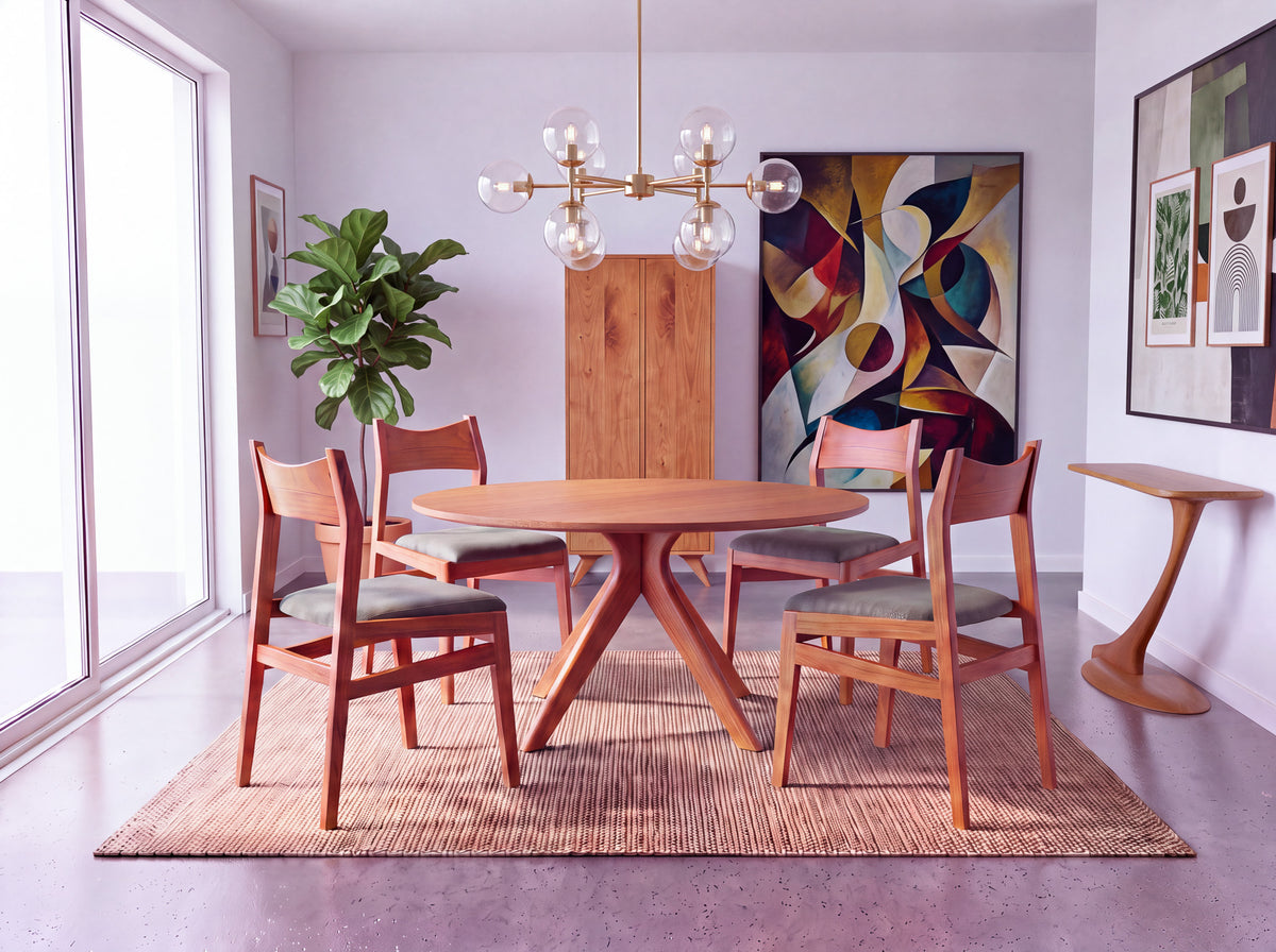 A mid-century modern dining room featuring the Solid Cherry Extendable Round Dining Table from the Strata Collection by TY Fine Furniture, surrounded by four chairs, a plant, abstract wall art, a pendant light fixture, and a side table on a woven rug beside large windows.