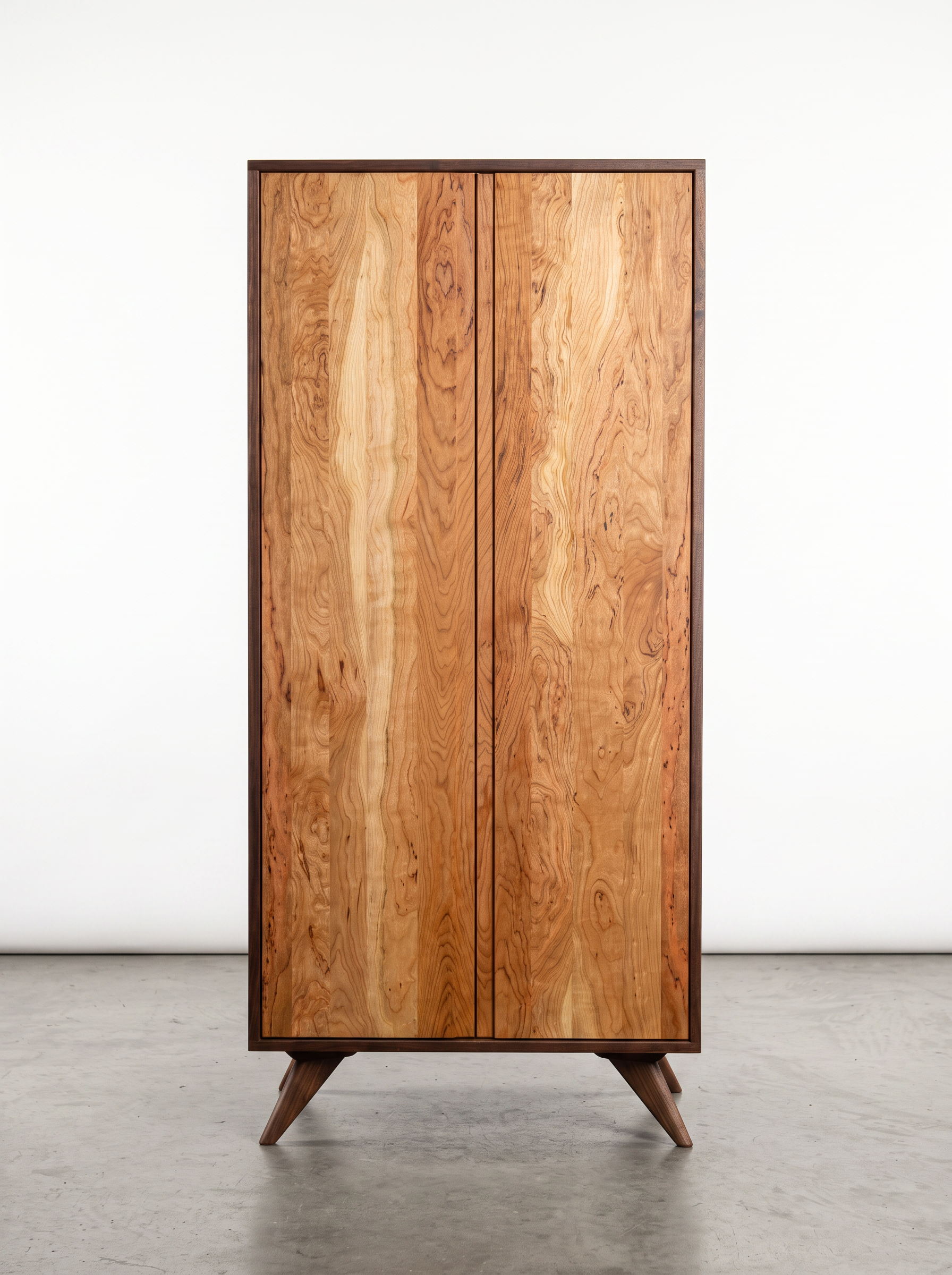 A tall storage cabinet from T.Y. Fine Furniture’s Modern Collection stands on a concrete floor against a plain white background. Featuring solid curly cherry, maple, or walnut door options, the cabinet showcases natural wood grain patterns on its two doors and is supported by distinctive angled legs.