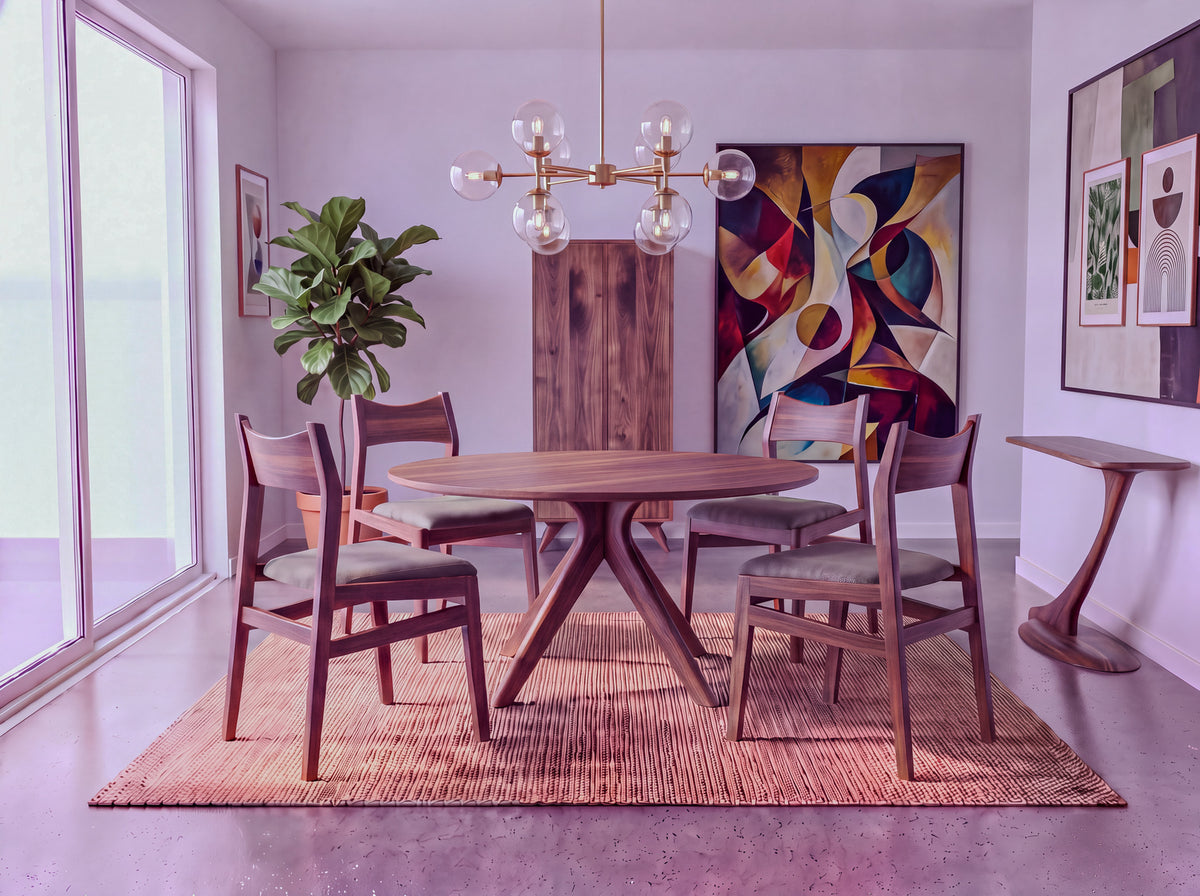 Modern dining room featuring the Solid Walnut Round Dining Table from the Strata Collection by TY Fine Furniture, a solid wood centerpiece that anchors the space with timeless elegance. Four chairs surround this handcrafted table, while abstract artwork, a potted plant, and large windows complete the scene. The room has a warm, minimalist feel with a neutral rug and mid-century furnishings.