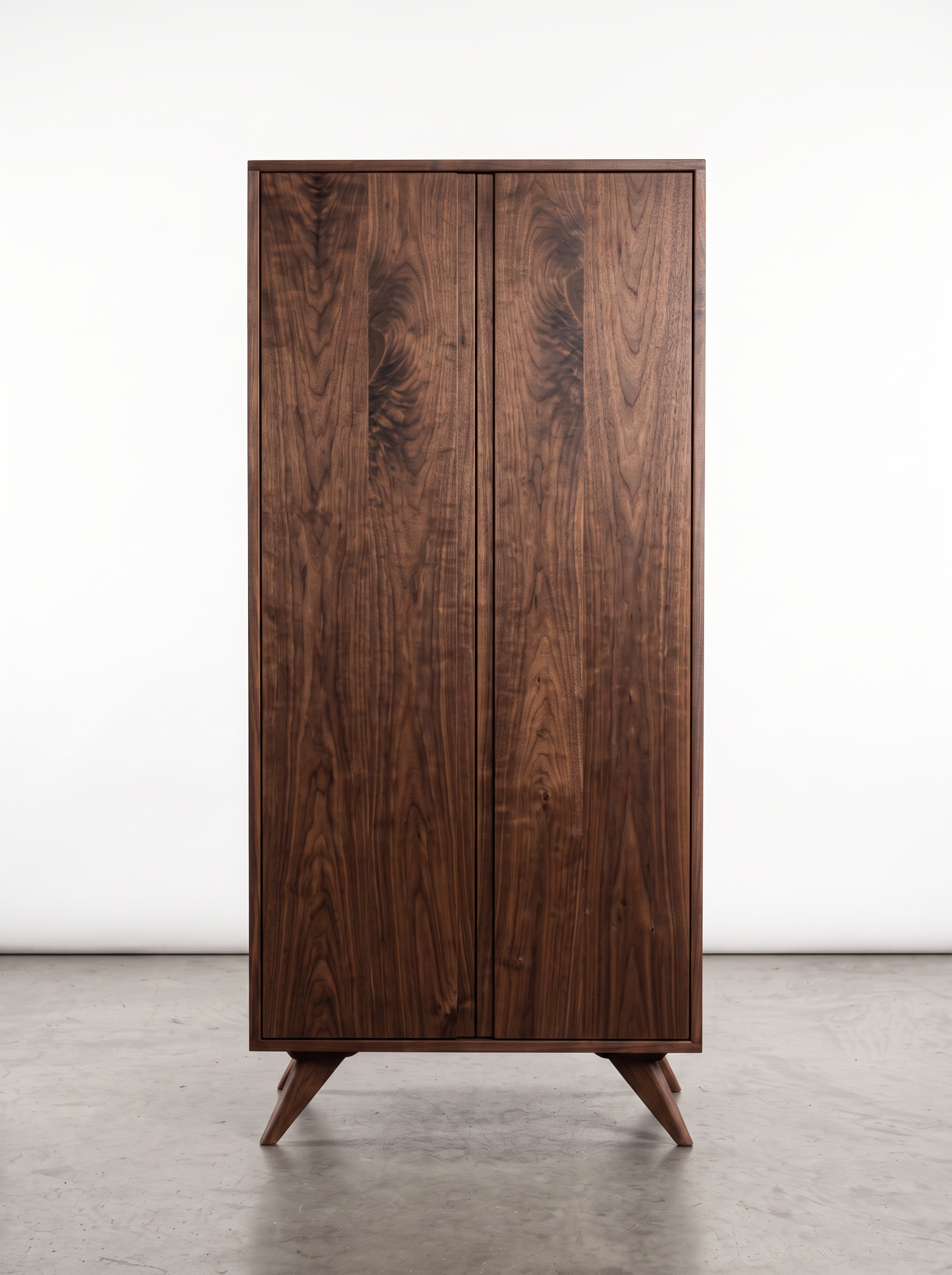The Solid Walnut Tall Storage Cabinet from T.Y. Fine Furniture’s Modern Collection features two closed doors and angled legs, standing on a concrete floor against a plain white background.