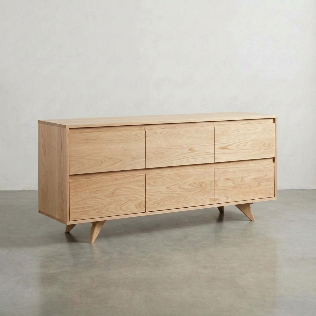 Solid White Oak 6-Drawer Triple Bank Dresser - Modern Collection in light wood with six drawers and angled legs.