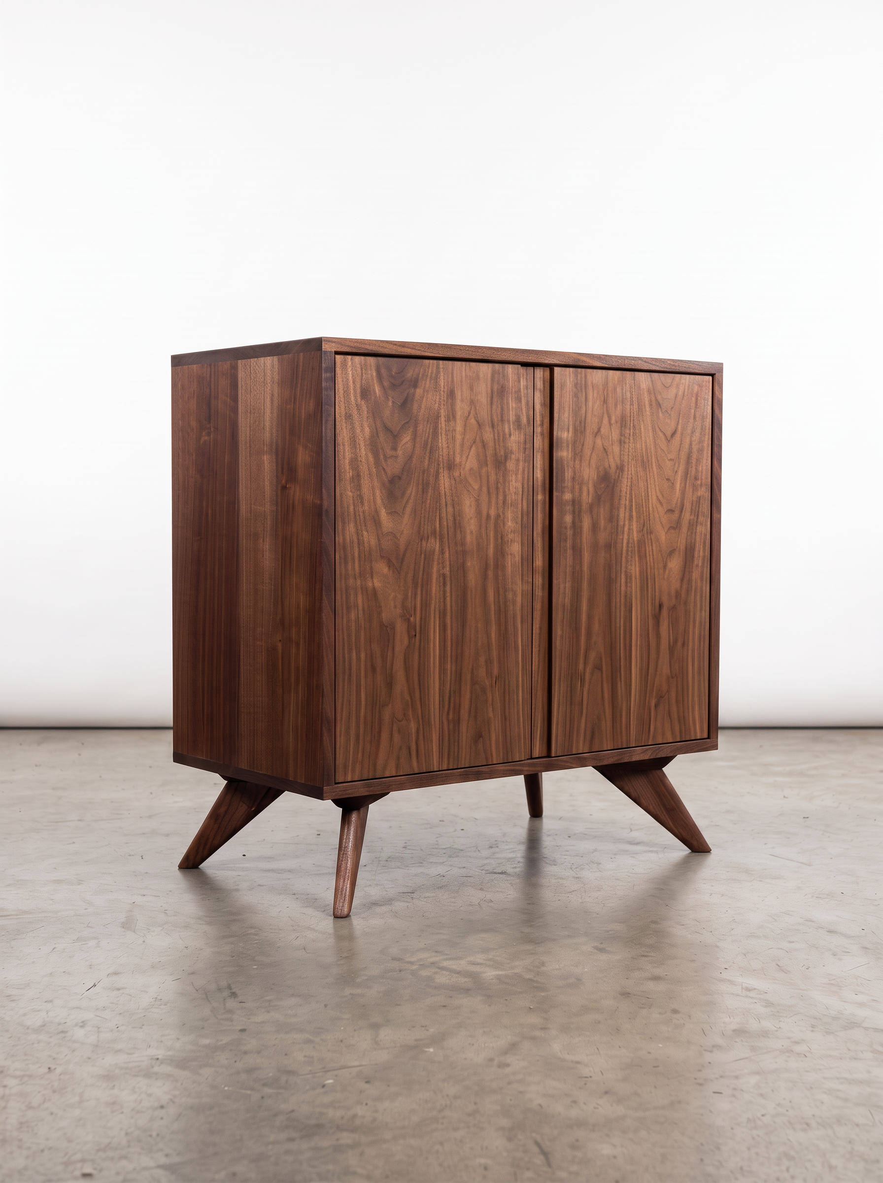 The Solid Walnut Accent Cabinet from the Modern Collection by T.Y. Fine Furniture, crafted from solid wood with two doors and angled legs, is displayed on a concrete floor against a plain white background.