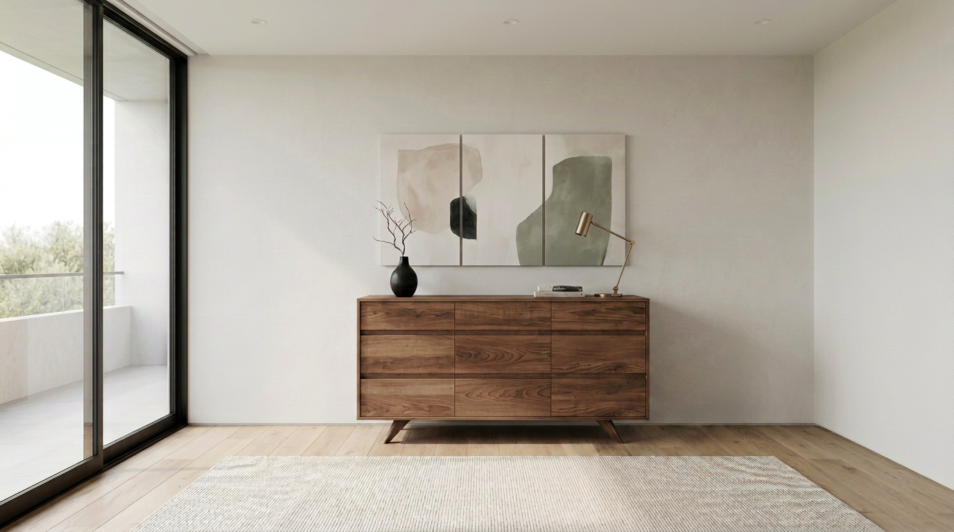 A minimalist room featuring the Solid Walnut 9-Drawer Triple Bank Dresser from TY Fine Furniture’s Modern Collection, with abstract art on the wall, a black vase with twigs, a brass desk lamp, and a large window streaming in natural light. Light wood flooring and neutral-toned walls complete the look.