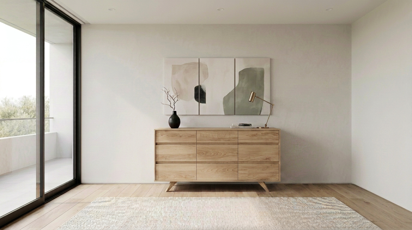 Minimalist room with a large window, the Solid White Oak 9-Drawer Triple Bank Dresser from the Modern Collection by TY Fine Furniture, abstract wall art, a black vase with branches, and a gold desk lamp. Neutral tones and a light woven rug create a calm, modern atmosphere.
