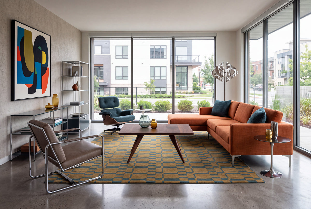 Modern living room with large windows, orange sectional sofa, Eames lounge chair, geometric rug, metal shelving, abstract wall art, and a Solid Walnut Square Coffee Table from the Essentials Collection by TY Fine Furniture. Urban buildings are visible outside.