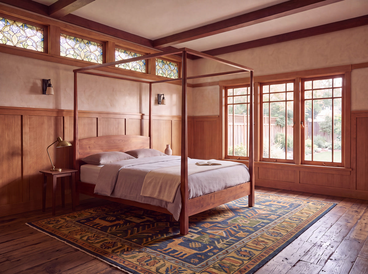 A cozy bedroom featuring the Solid Cherry Pencil Post Canopy Bed from the Shaker Collection by TY Fine Furniture, complemented by a patterned rug, side table with a lamp, wooden wall paneling, and large windows that fill the space with natural light and offer a garden view.