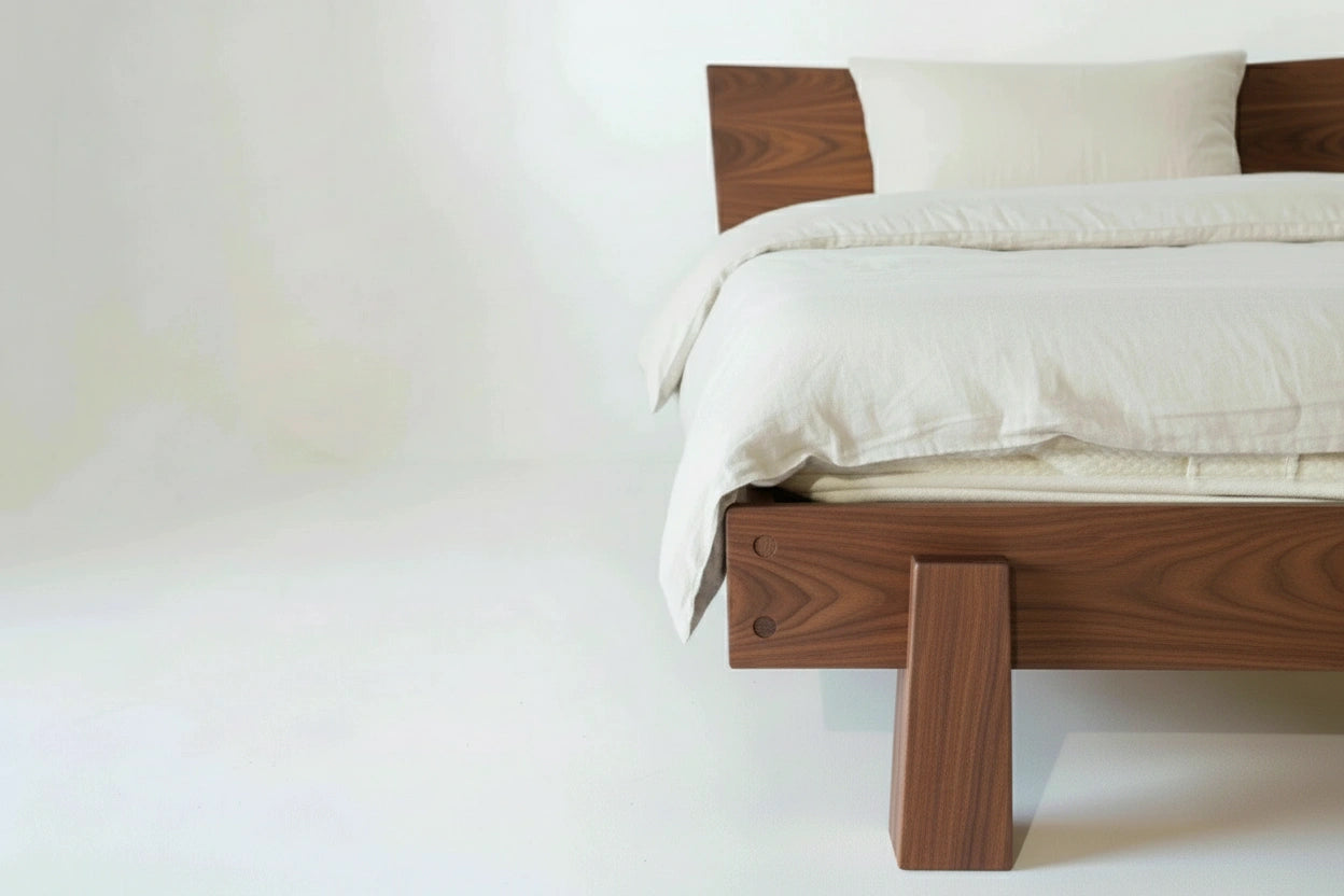 Close up of the Horizon Platform Bed, in walnut wood, made in USA using natural hardwood. 