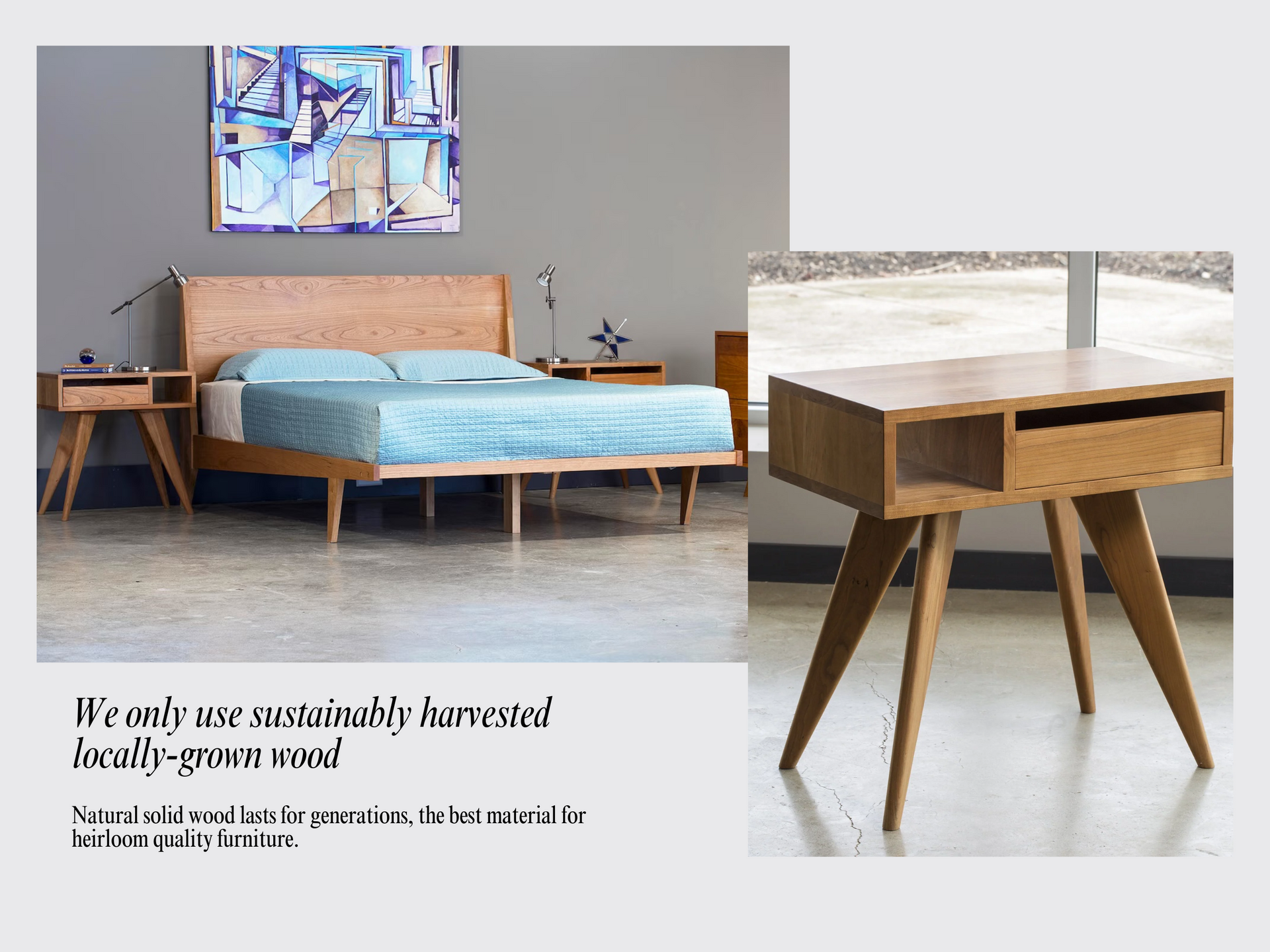 Mid-Century Modern Platform Bed Frame and Side Tables at TY Fine Furniture Showroom