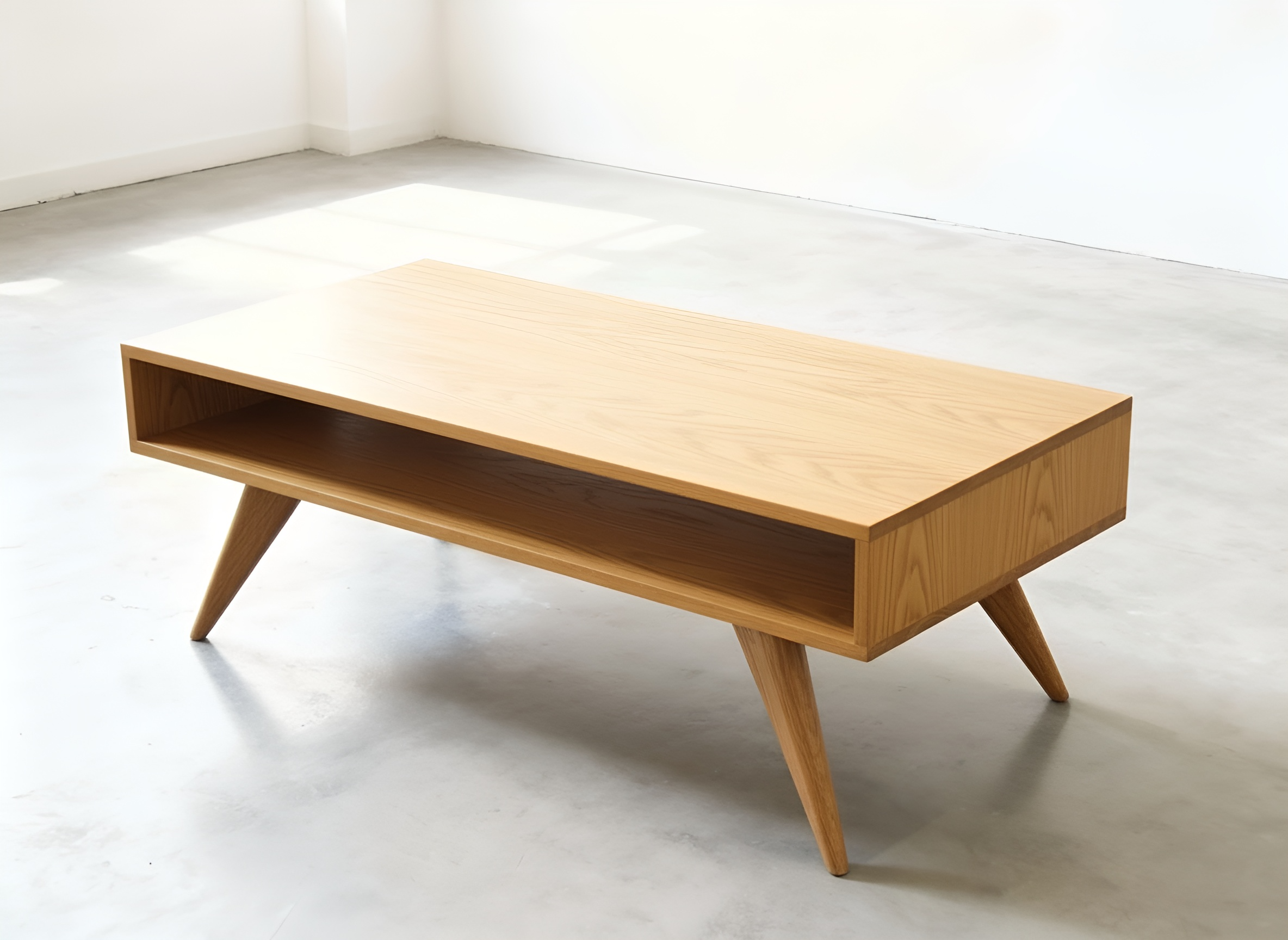 The TY Fine Furniture Modern Coffee Table—Mid-Century Modern, handmade from solid cherry wood—features angled legs and an open shelf, perfect for bright, minimal spaces with concrete floors and white walls.