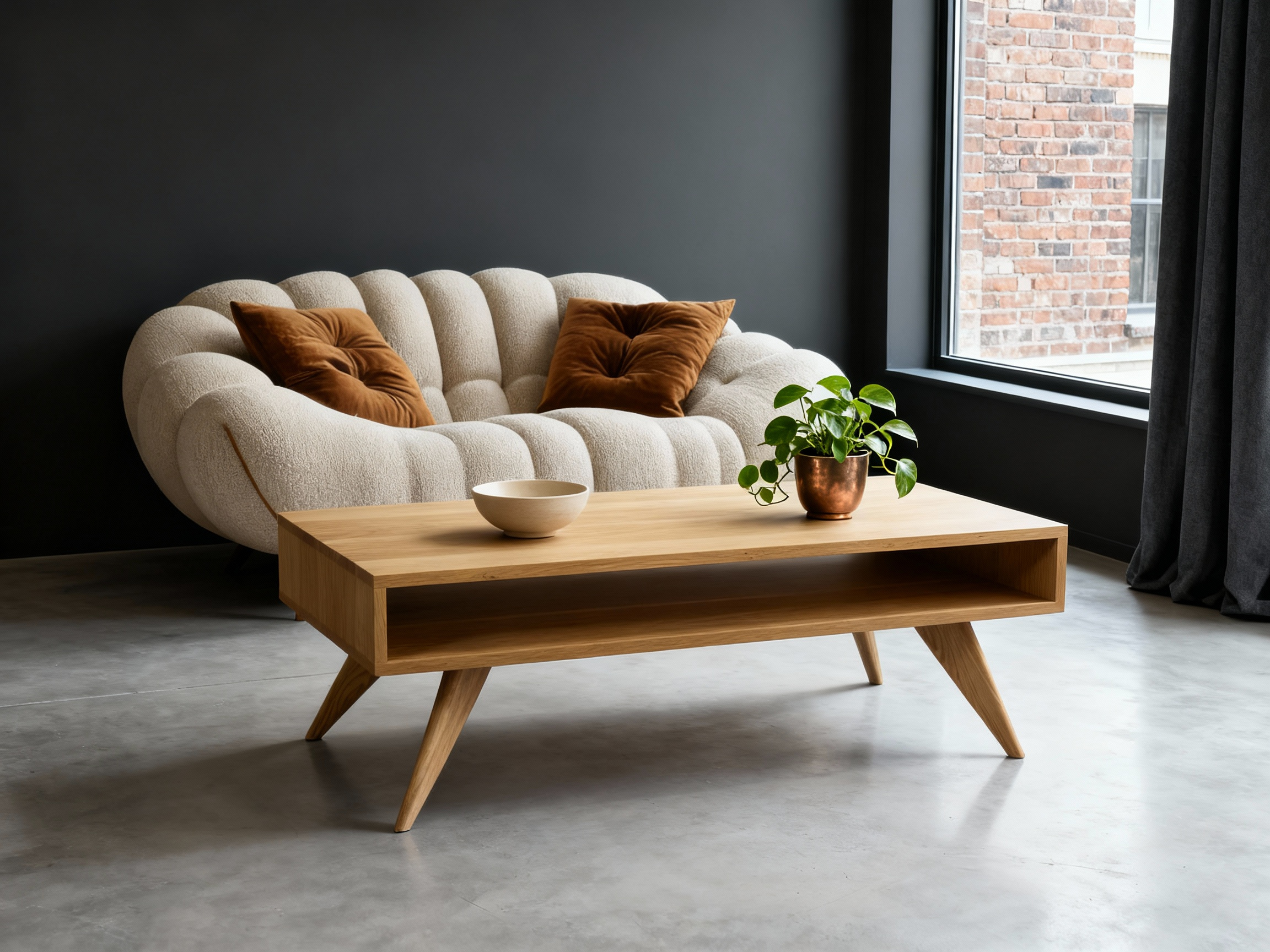 A modern living room features a white textured sofa, two brown cushions, and the handmade Modern Coffee Table by TY Fine Furniture in white oak, highlighting Mid-Century Modern style with non-toxic finishes and a potted plant against a dark wall.