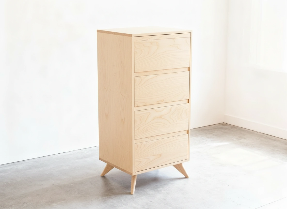 The Tall Modern Dresser Mid Century- Maple by TY Fine Furniture, featuring four drawers and angled legs, stands in a sunlit, minimal room with white walls and a gray concrete floor.