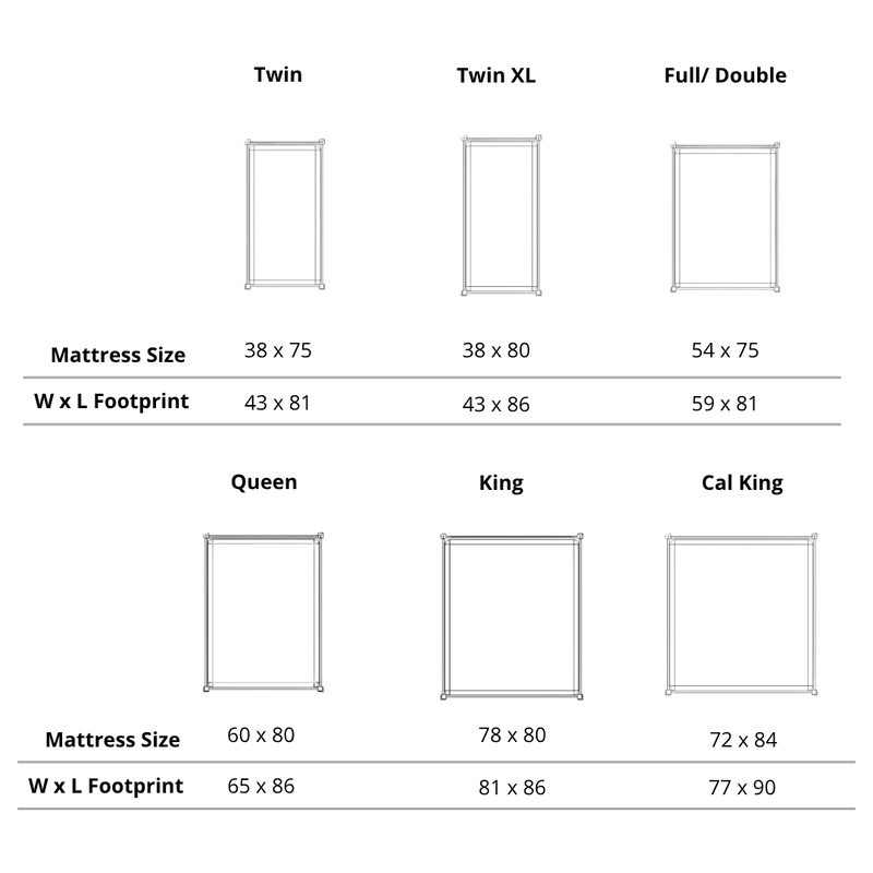 A chart shows six mattress sizes—Twin, Twin XL, Full/Double, Queen, King, and Cal King—with their inch dimensions and outline diagrams for pairing with the T.Y. Fine Furniture Shaker Platform Bed - Solid Wood Bed Frame.
