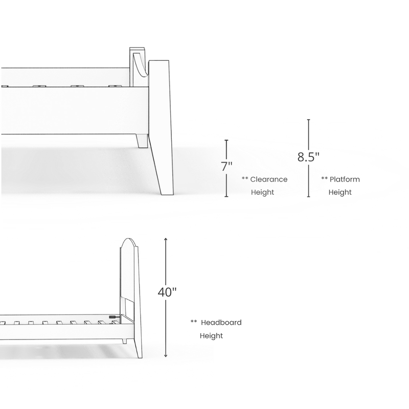 Line drawings of the T.Y. Fine Furniture Shaker Platform Bed - Solid Wood Bed Frame display side views with labeled dimensions: 7" clearance height, 8.5" platform height, and 40" headboard height on a plain white background.