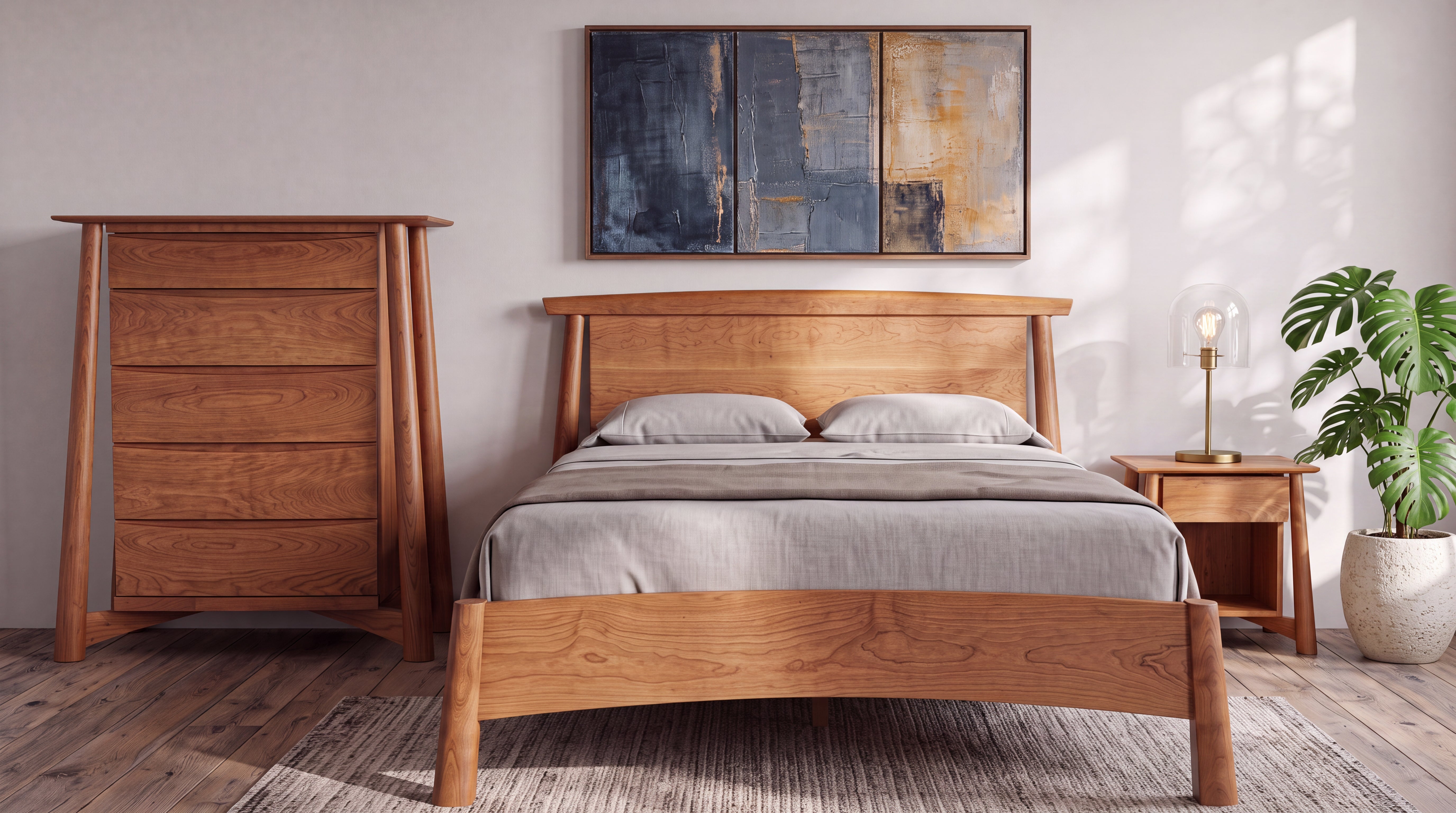 A bedroom featuring a wooden bed with gray bedding, complemented by the TY Fine Furniture Sunrise High Dresser—a solid cherry wood dresser—and a matching nightstand. A modern lamp, a plant, and abstract artwork above the bed complete the look. The heirloom-quality furniture from TY Fine Furniture brings both warmth and sophistication to the space.