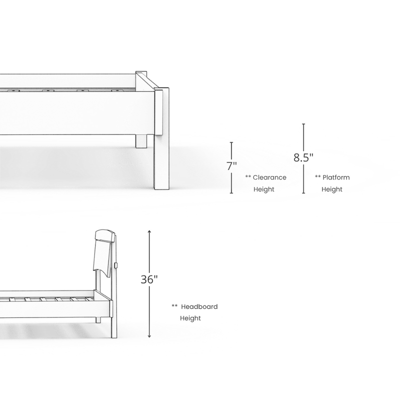 Line drawing of the TY Fine Furniture Sunrise Classic Platform Bed, solid wood frame with 7" clearance, 8.5" platform height, 36" high headboard, inspired by Japanese woodworking, shown from side and end views.