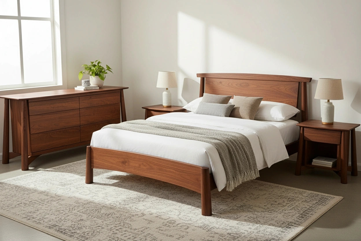 A bright, minimalist bedroom showcases the Sunrise Platform Bed - Walnut by TY Fine Furniture, with matching nightstands, dresser, neutral bedding, table lamps, a potted plant, and a patterned rug. Sunlight streams through a large window.