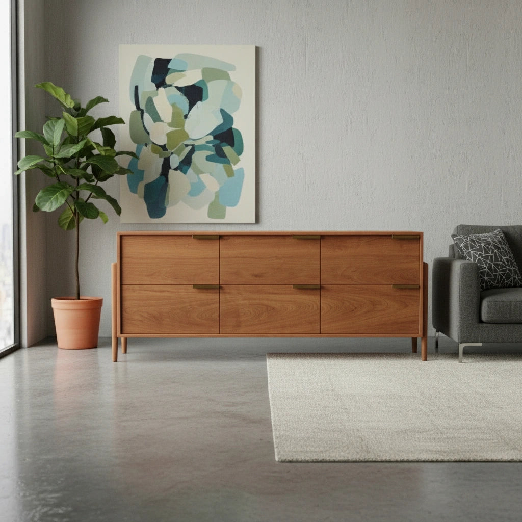 A modern living room featuring the Apollo Dresser by TY Fine Furniture—a handcrafted, mid-century modern cherry piece—paired with a gray sofa, potted plant, light rug, and abstract art on a pale wall. Sunlight streams through a large window.