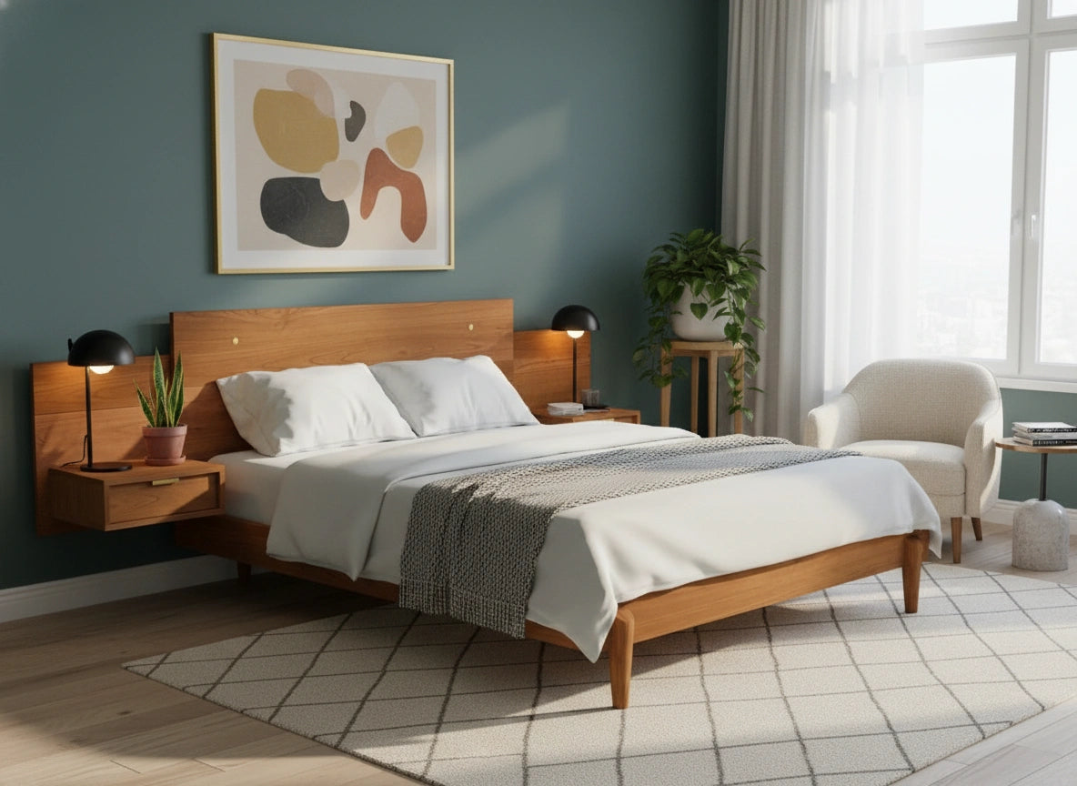 A modern bedroom features the Apollo Platform Bed with Integrated Tables in cherry by TY Fine Furniture, white bedding, a geometric rug, two table lamps and a plant, abstract art on a green wall, a large window, and a cream armchair.