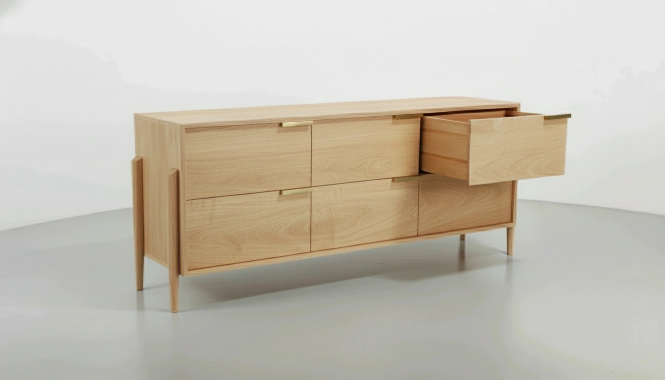 The Apollo Dresser by TY Fine Furniture is a handcrafted, mid-century modern maple dresser featuring six drawers and an open shelf. Clean lines, brass handles, and tall legs make it ideal for stylish bedroom storage.