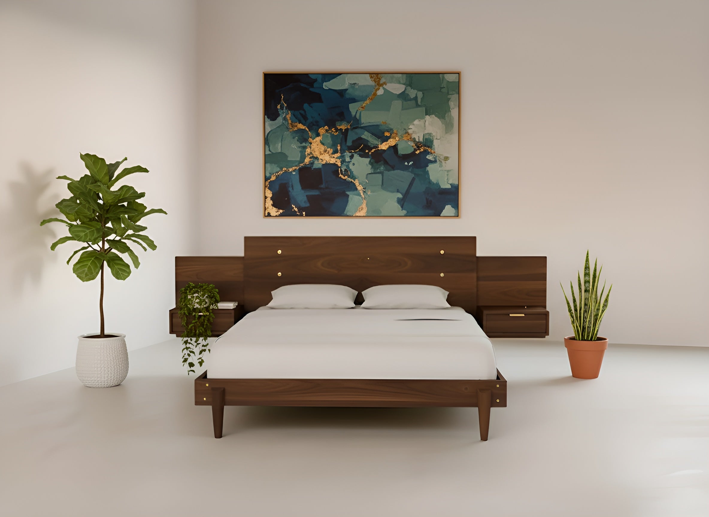 A modern bedroom with the TY Fine Furniture Apollo Platform Bed with Integrated Tables in walnut, white bedding, two potted plants, and a large abstract blue and gold painting for a minimal yet stylish look.