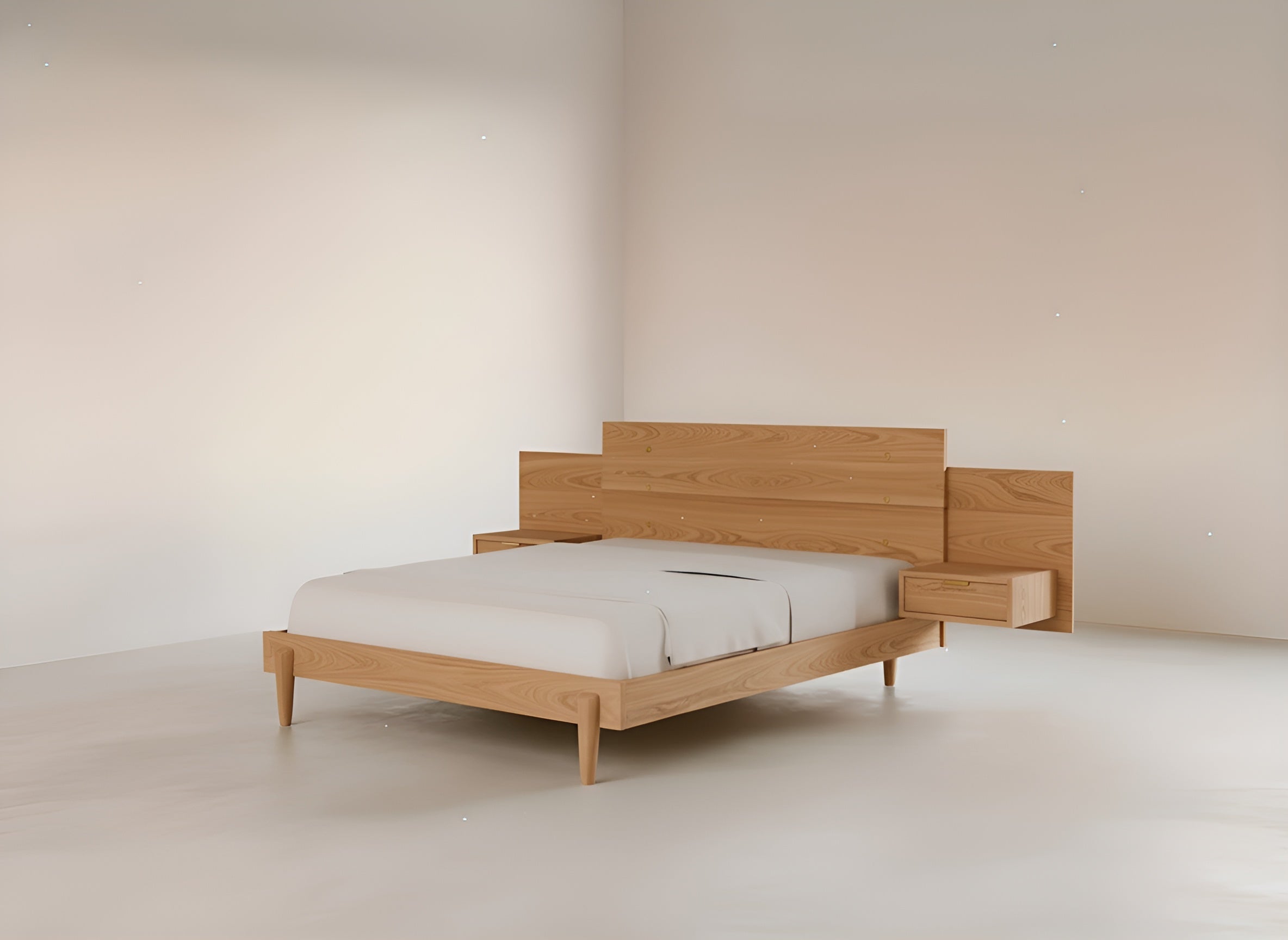 The Apollo Platform Bed with Integrated Tables in White Oak by TY Fine Furniture features a large rectangular headboard and white mattress, making it ideal for mid-century modern lovers seeking minimalist style in any light-filled space.