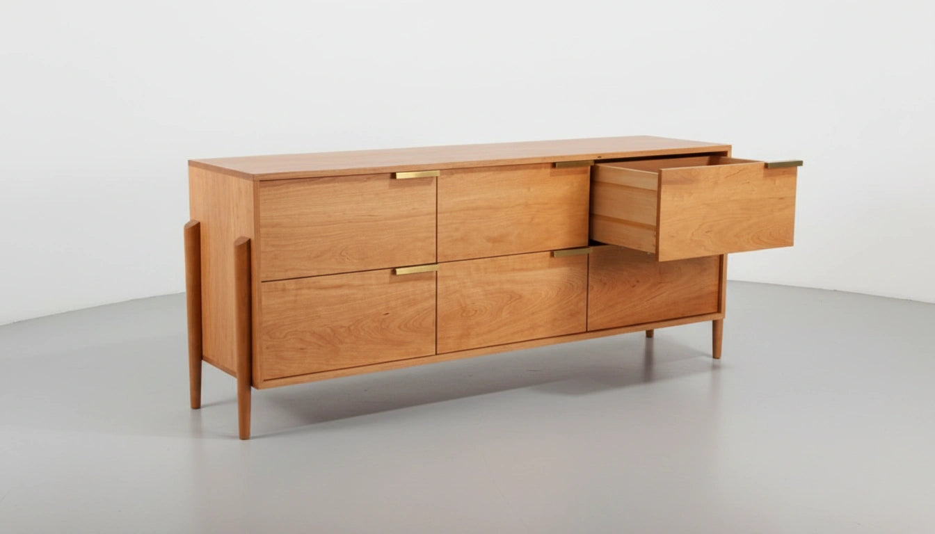 The Apollo Dresser by TY Fine Furniture is a handcrafted, Mid-Century Modern cherry dresser with six drawers—one partially open—sleek lines, and brass handles, ideal for stylish bedroom storage against a plain white background.