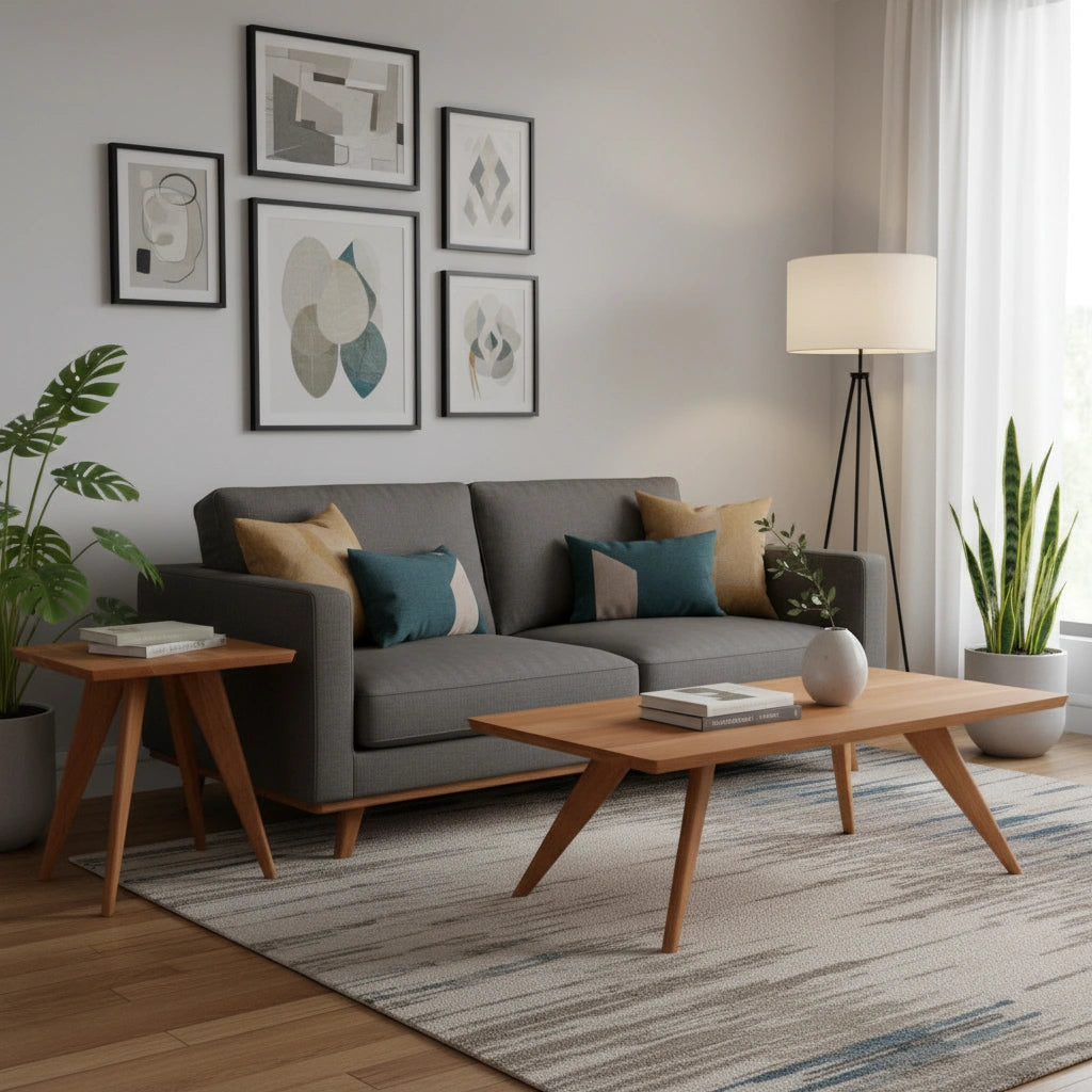 A modern living room with a gray sofa, TY Fine Furniture Essentials Solid Wood Side Table Cherry, coffee table with hairpin legs, green plants, abstract wall art, floor lamp, and natural light for a cozy, stylish vibe.