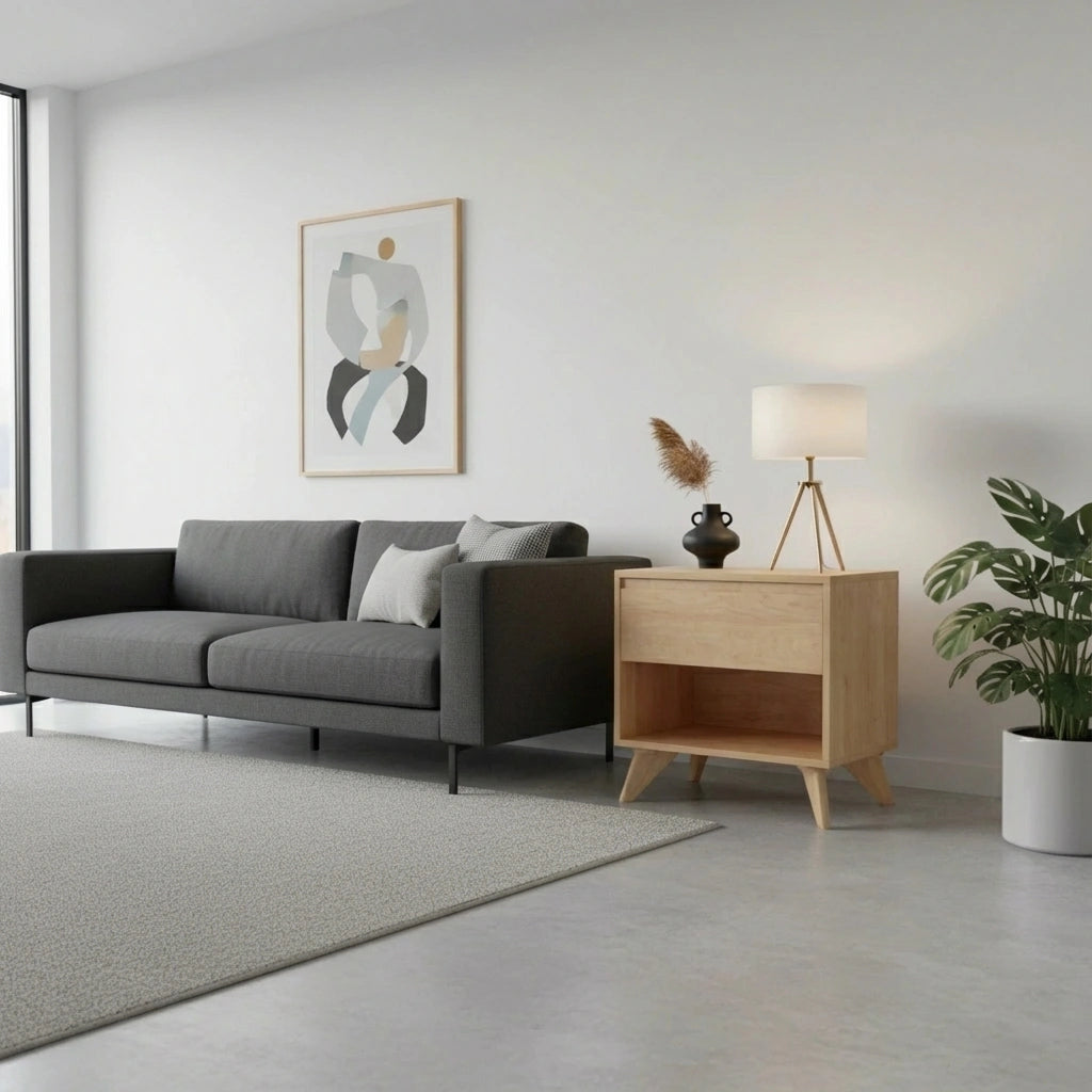 A modern living room with a gray sofa, abstract wall art, and the TY Fine Furniture Modern Cube Side Table in maple with push-to-open drawer slides, topped with a lamp and vase beside a potted plant on a gray floor near a large window.