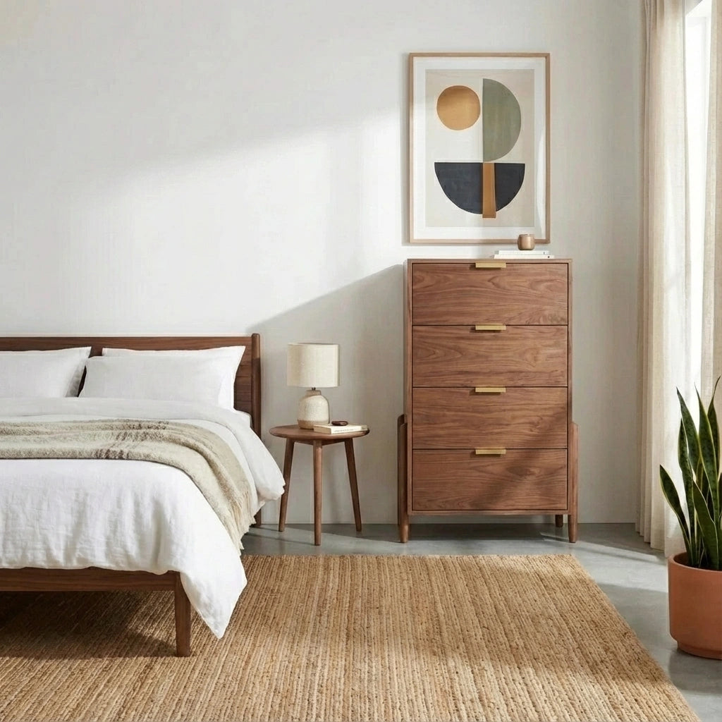Minimalist bedroom with a solid wood bed, white bedding, bedside table and lamp, abstract wall art, potted plant, natural woven rug, and TY Fine Furniture's Apollo Tall Dresser in cherry—all in neutral tones with sunlight through sheer curtains.