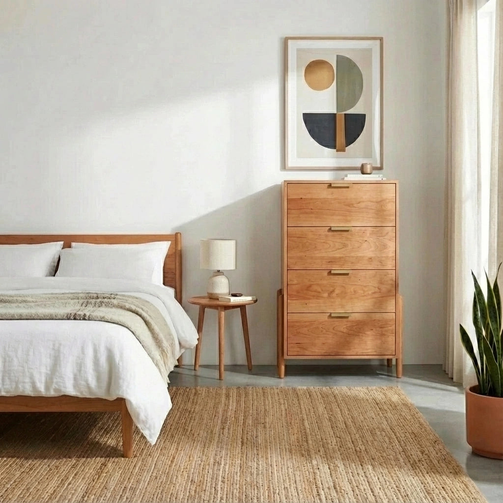 A modern bedroom with a solid wood bed, white bedding, a nightstand and lamp, abstract wall art, woven rug, potted snake plant by the window, and TY Fine Furniture’s Apollo Tall Dresser in cherry featuring soft-close drawers.