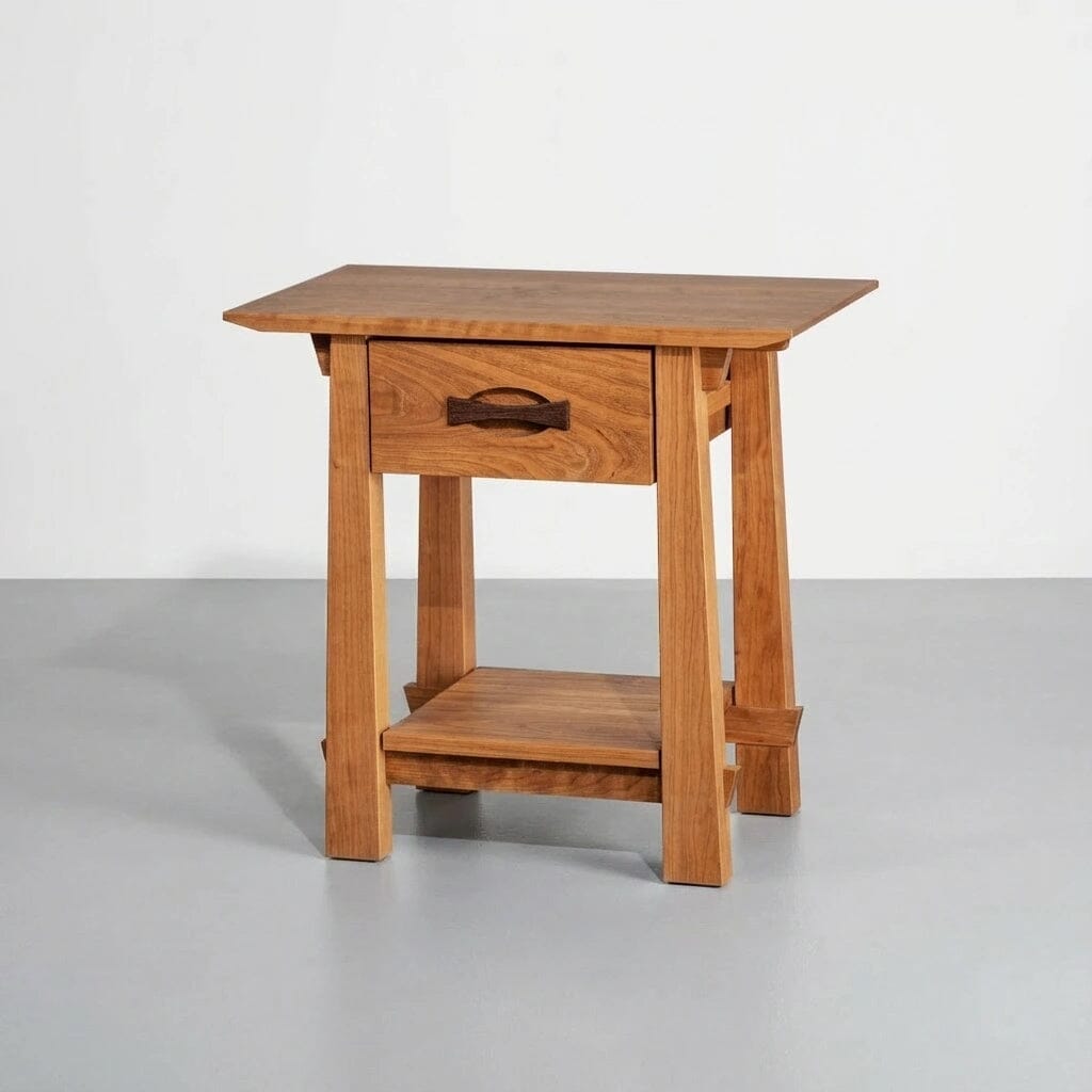 The Enso Side Table With Drawer by RC Fine Furniture features a solid cherry wood handmade design with a rectangular top, single handled drawer, and lower shelf, displayed against a plain light gray background.