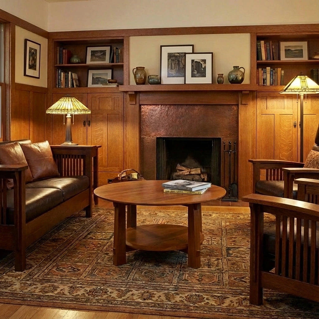 A cozy living room with wood-paneled walls, a fireplace, built-in bookshelves, leather armchairs, a TY Fine Furniture Enso Round Coffee Table—solid cherry crafted in Ohio—stained glass lamps, and a patterned rug on the floor.