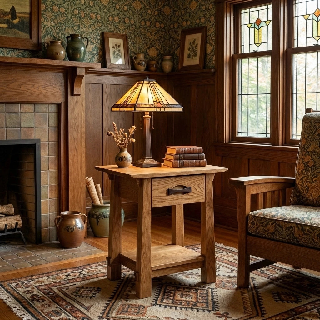 A cozy living room features wood-paneled walls, a stained glass window, a fireplace, and the TY Fine Furniture Enso Side Table With Drawer in solid white oak beside an upholstered armchair, holding books, a lamp, and dried flowers.