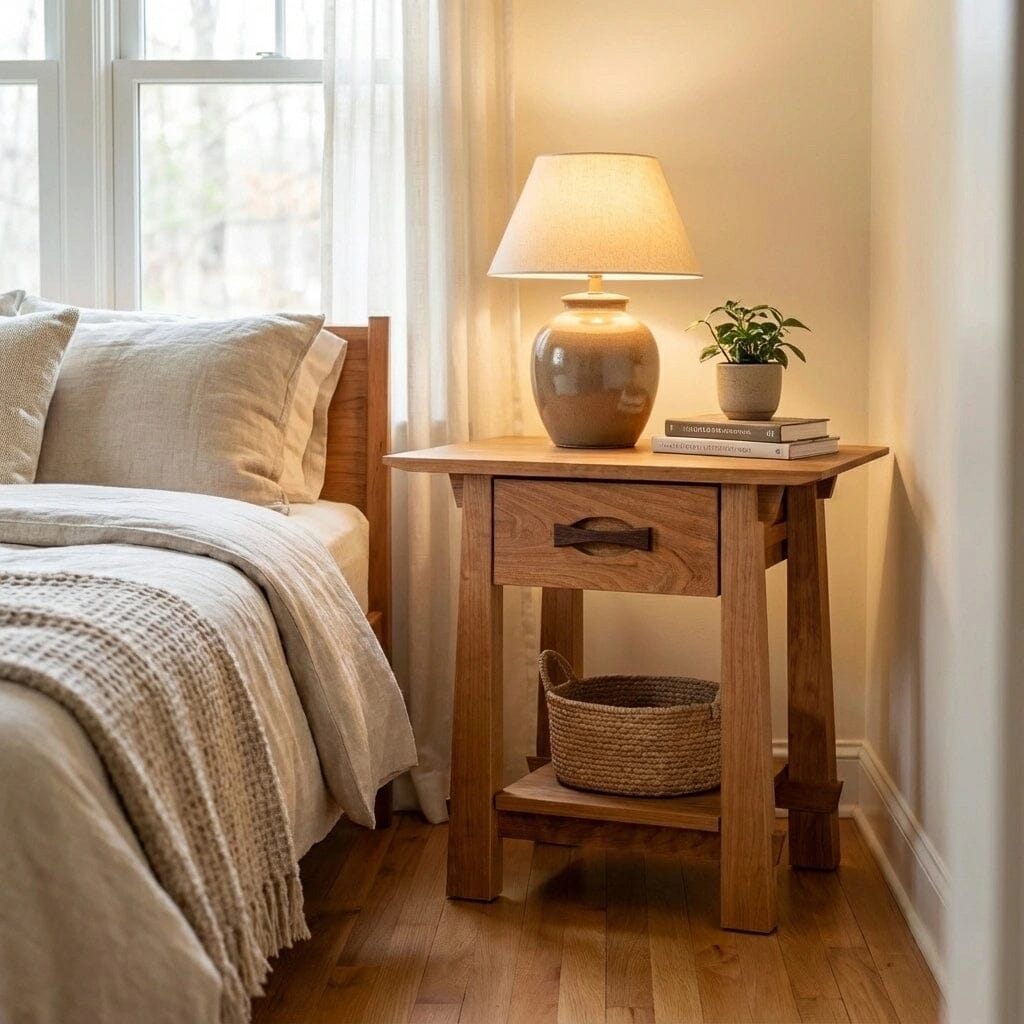 A cozy bedroom features the TY Fine Furniture Enso Side Table With Drawer, handmade from solid cherry wood. The organic side table holds a beige lamp, potted plant, and books, with a woven basket on the lower shelf as sunlight streams in.