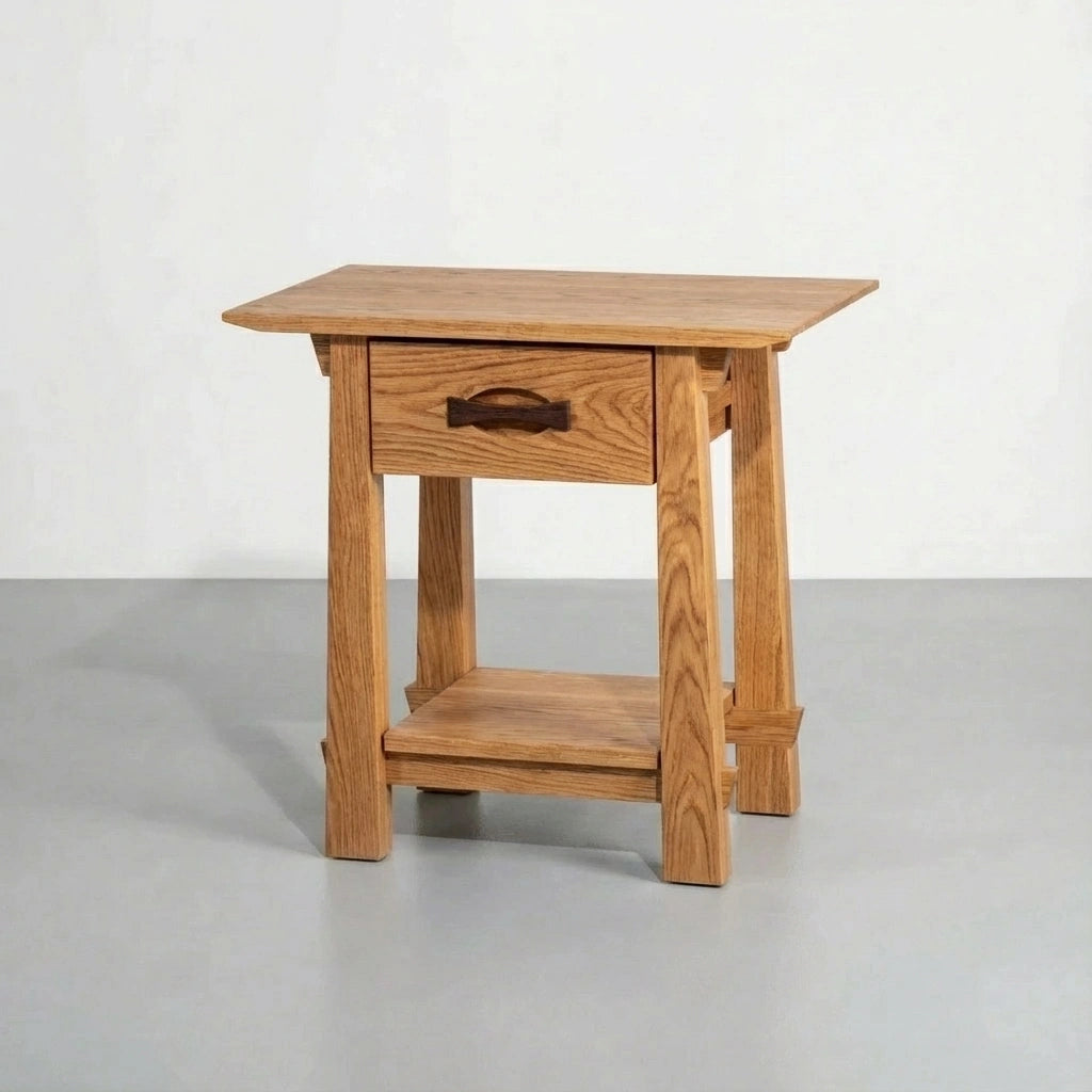 The Enso Side Table With Drawer by TY Fine Furniture is a handmade, solid white oak accent table featuring a rectangular top, central drawer with curved handle, four straight legs, and a lower shelf.