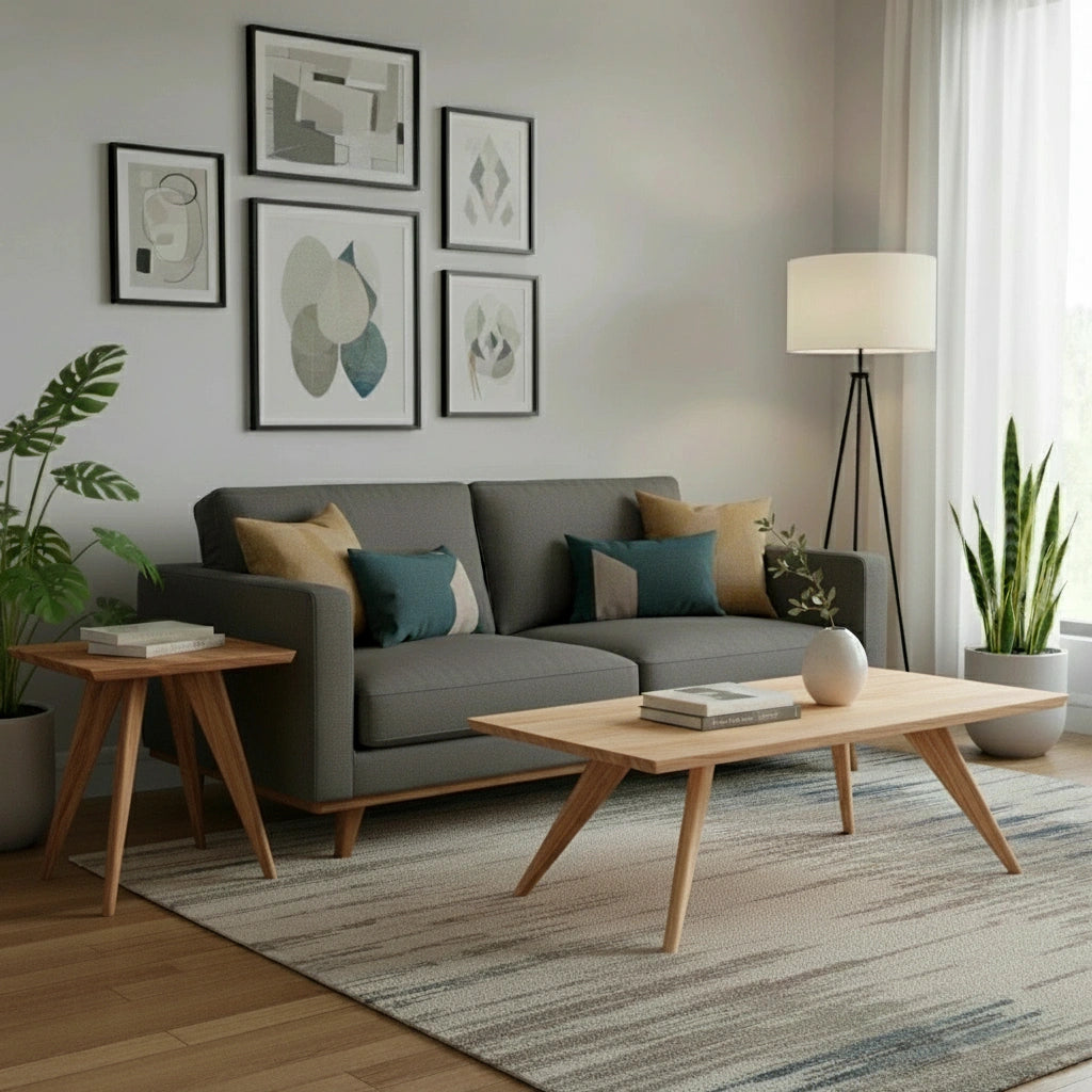 A modern living room featuring a gray sofa, TY Fine Furniture Essentials Solid Wood Side Table in White Oak, green plants, abstract art, a floor lamp, and sunlight filtering through sheer curtains in neutral and green tones.