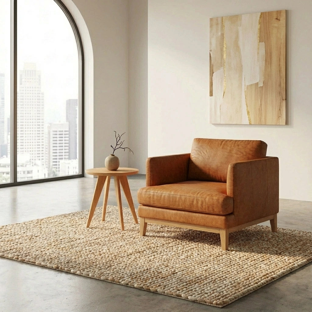 A modern living room featuring a brown leather armchair, a TY Fine Furniture Essentials Solid Wood Round Side Table in maple with a vase of twigs, textured rug, large arched window, and abstract wall art.