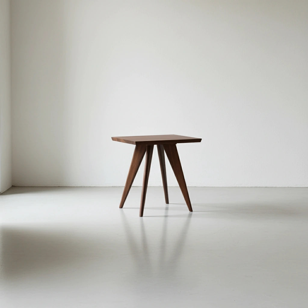 The Essentials Solid Wood Side Table Walnut by TY Fine Furniture features four angled legs and stands in a minimalist room with white walls and a light floor, embodying Mid Century Modern style.