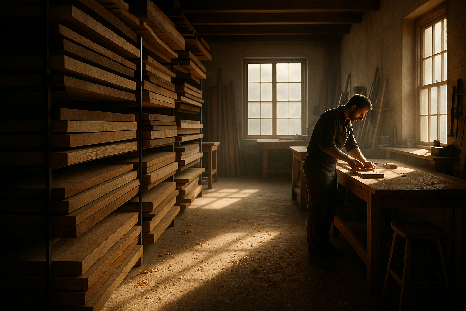 lumber racks of hardwood lumber line one side of a room. the other side has workbenches and a craftsman quietly working in the distance. some wood shavings can be seen on the ground. Natural light provides a dramatic scene