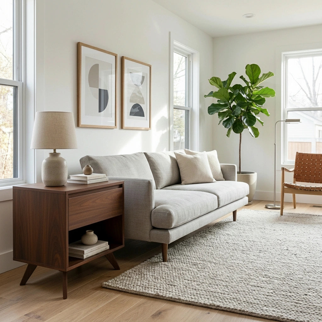 A bright, modern living room with a gray sofa, two beige cushions, TY Fine Furniture's Modern Cube Side Table in walnut featuring push-to-open drawers, a lamp, abstract wall art, green plant, woven chair, and textured rug on light wood flooring.