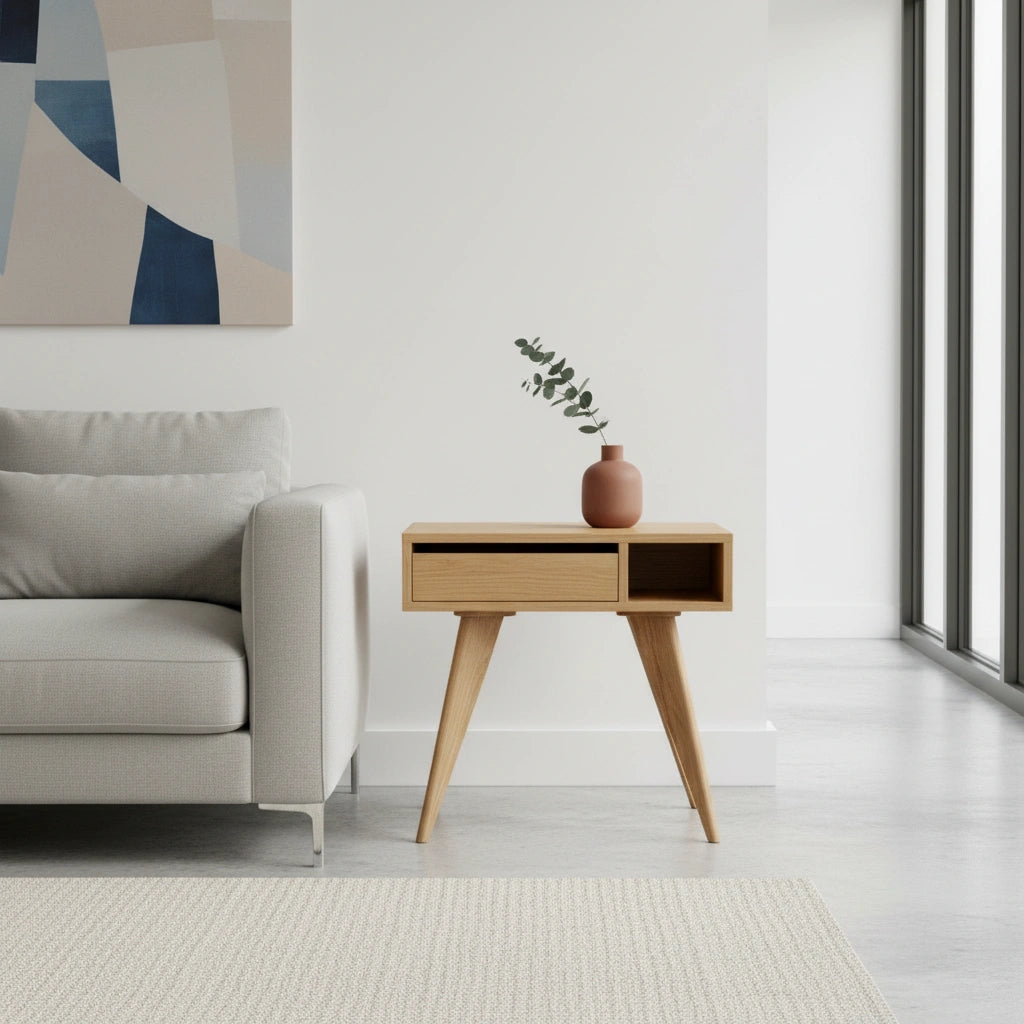 A modern living room with a light gray sofa, abstract wall art, large sunlit windows, and a TY Fine Furniture Mid-Century Modern Side Table in White Oak displaying a pink vase with green leaves.