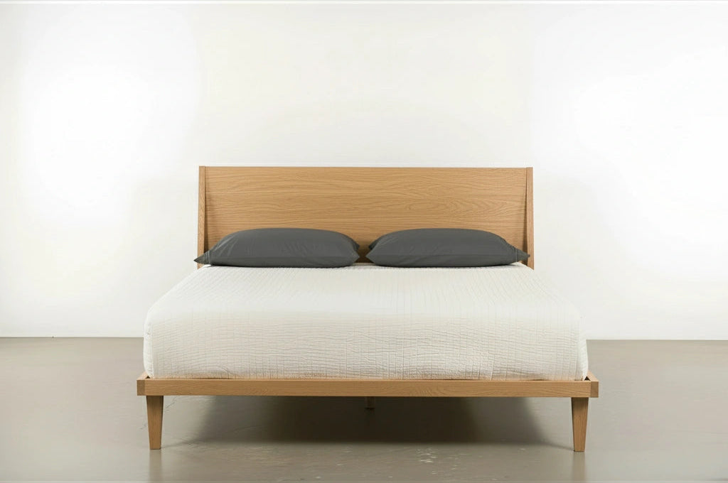 Another front view image of the Modern ONE Platform Bed and Modern Side Tables in white oak, made in the USA using natural hardwood, by T.Y. Fine Furniture. 