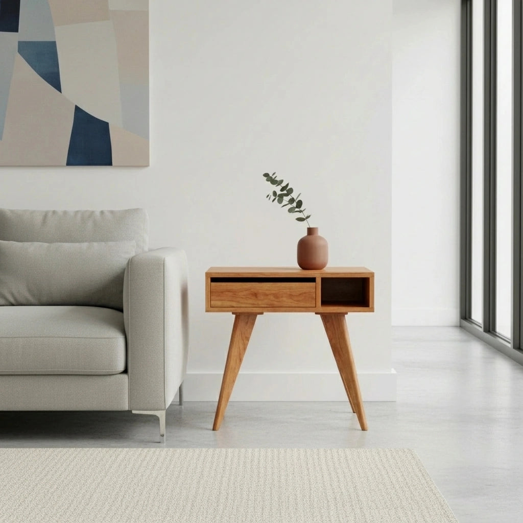 A modern living room featuring a light gray sofa, the TY Fine Furniture Mid-Century Modern Side Table in cherry with angled legs, a small vase of greenery, abstract wall art, and floor-to-ceiling windows streaming natural light.