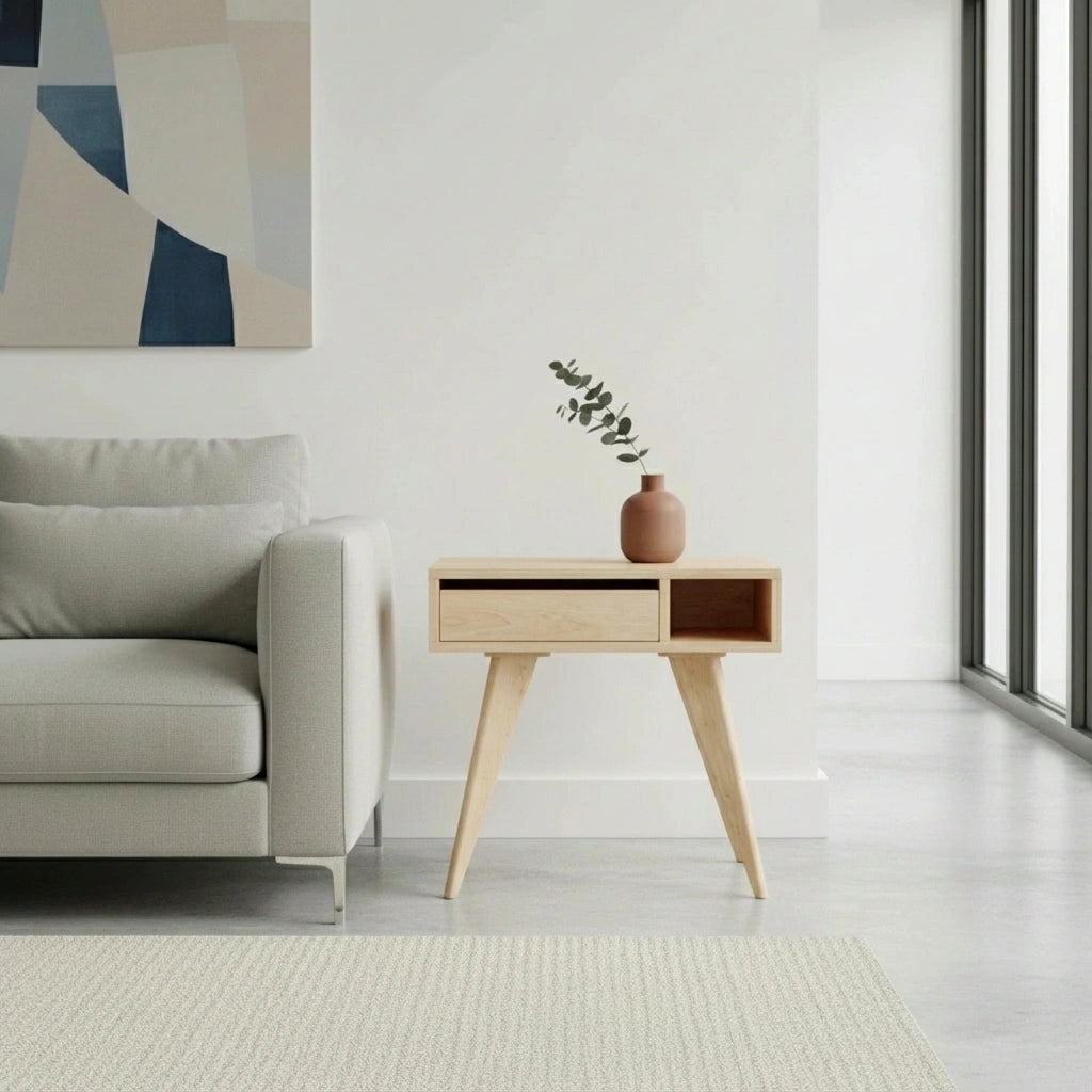 A minimalist living room features a light gray sofa, TY Fine Furniture’s Mid-Century Modern Side Table in maple, a brown vase with green leaves, abstract wall art, and large windows streaming in natural light.