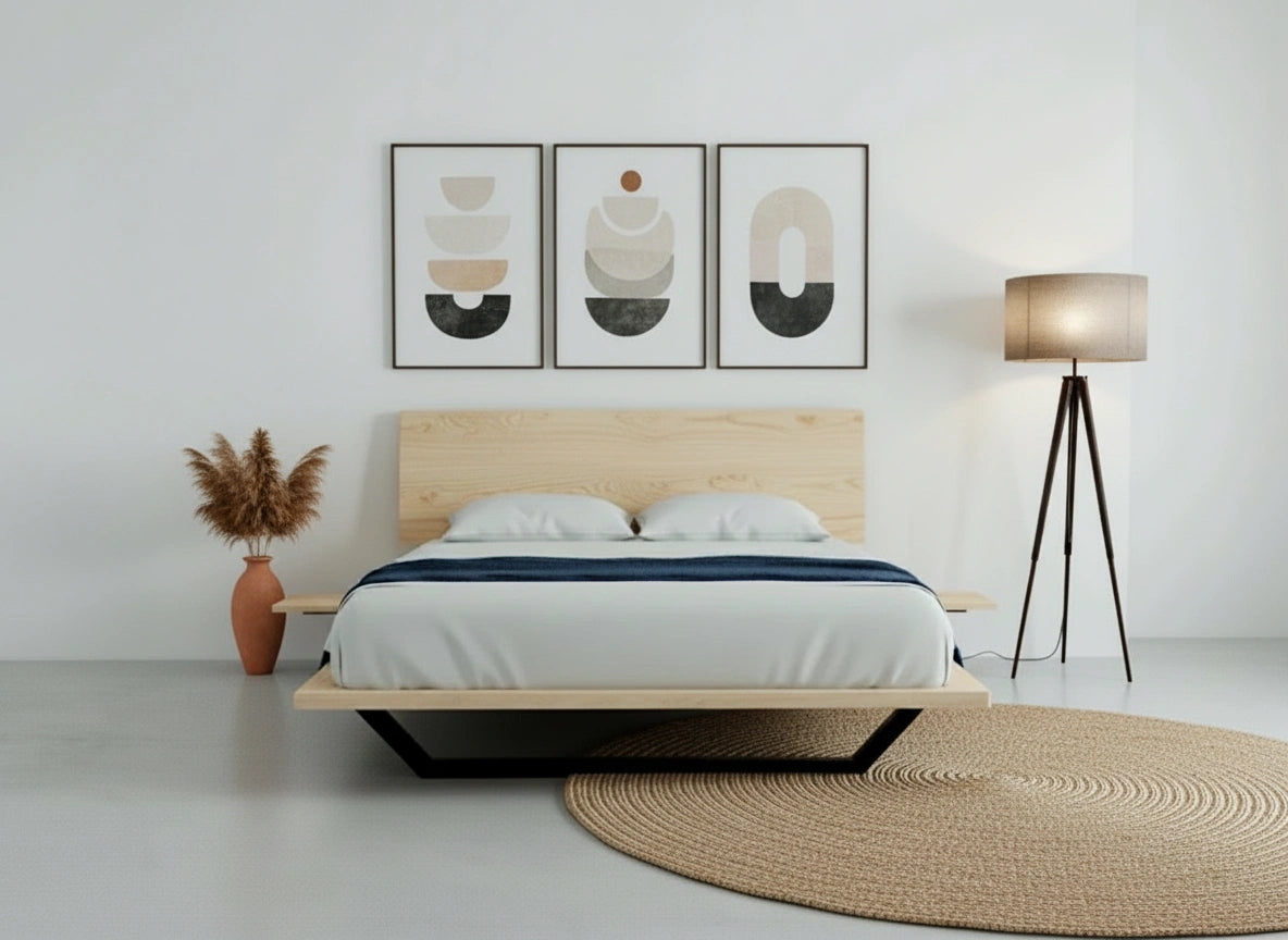 Minimalist bedroom featuring the TY Fine Furniture Nelson Solid Wood Platform Bed Frame in American Hard Maple, white bedding, blue throw, abstract art above the headboard, a floor lamp, pampas grass in a vase, and a round woven rug on light floors.