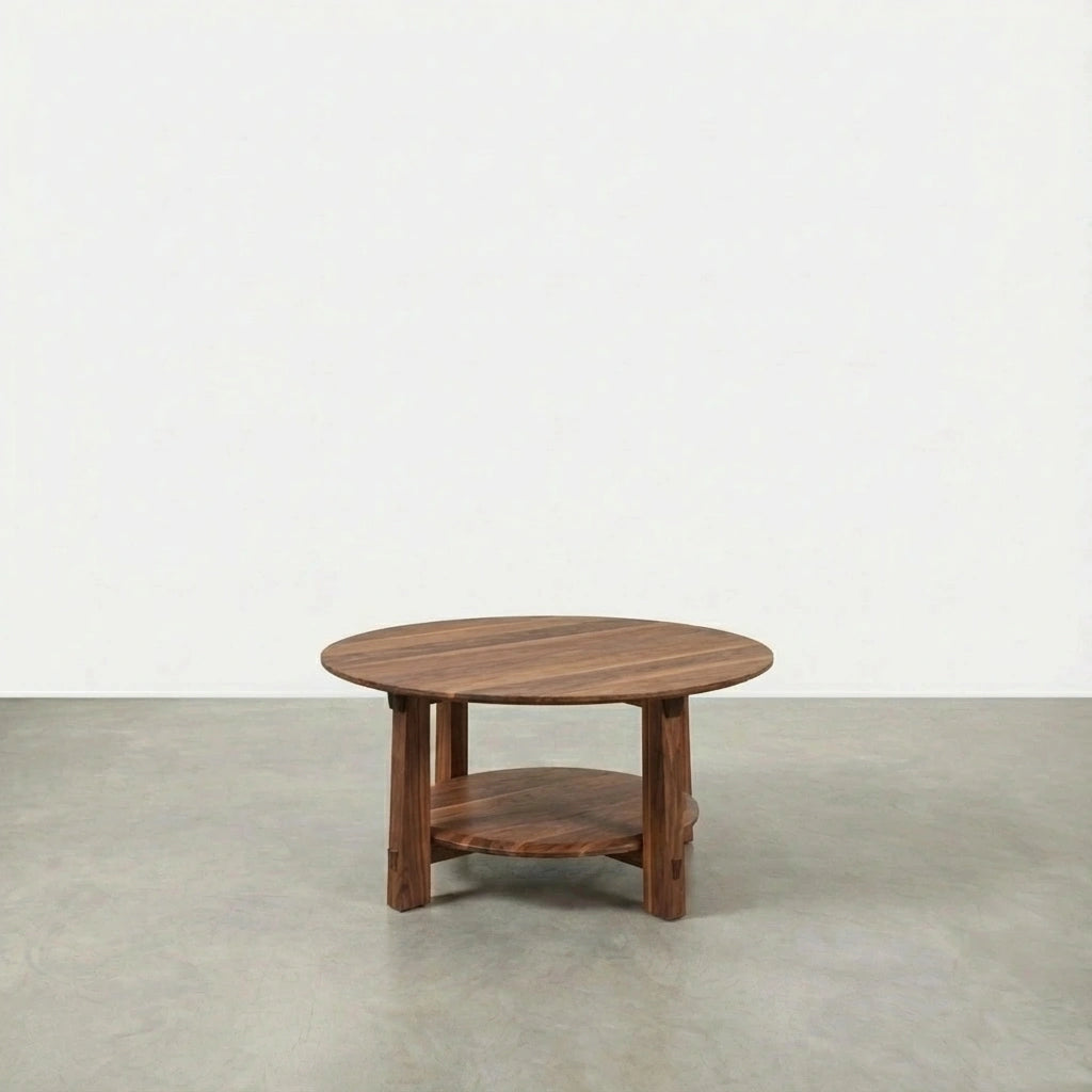 The Enso Round Coffee Table by TY Fine Furniture, crafted in Ohio from solid walnut, showcases a four-leg round design with a lower shelf, highlighting Japanese aesthetics on a smooth concrete floor and plain white wall.