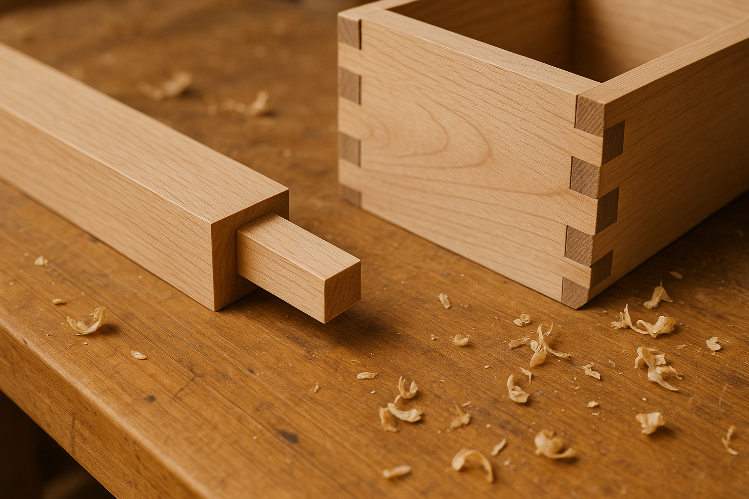 partially assembled mortise and tenon joint on a workbench. in the background you can see a dovetailed box with visible chunky dovetails cut in it