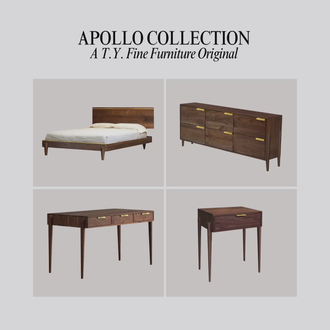 Advertisement collage for Apollo Collection showing bed, dresser, and two tables in walnut finish.