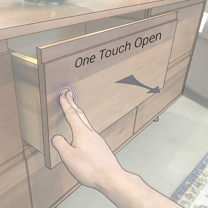 A hand presses on a drawer labeled One Touch Open, demonstrating the touch-activated mechanism of the Tall Modern Dresser Mid Century - White Oak by TY Fine Furniture. Blue rings highlight the touch point, enhancing its modern design.